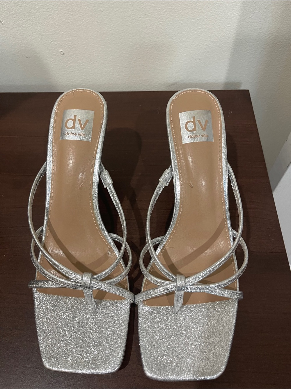 Dolce Vita Silver Glitter Strappy Slide Heels